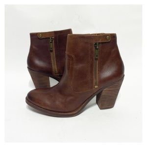 Lucky Brand Brown Leather Stacked Heel Ankle Booties